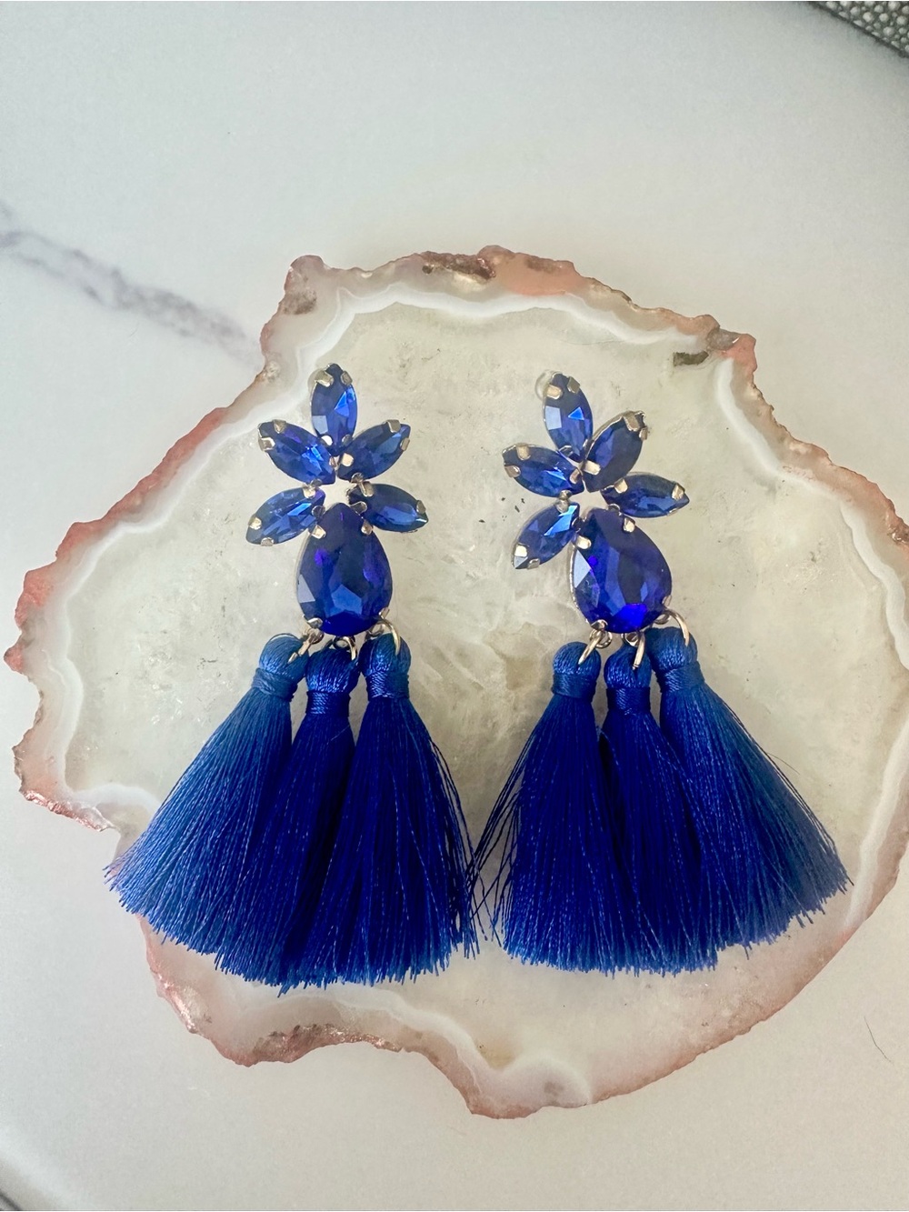 J. Crew Royal Blue Crystal Floral Tassel Drop Earrings